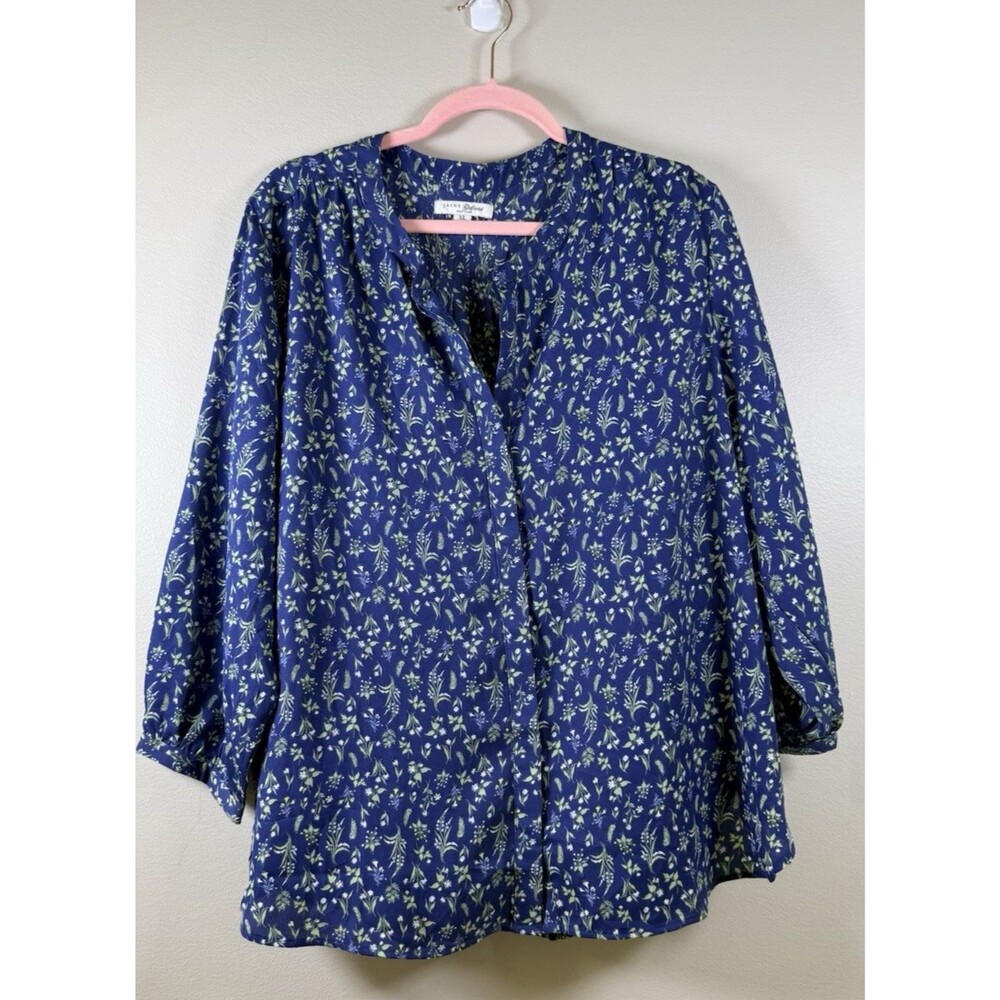 JACHS Girlfriend New York Blue Floral Split Neck 3/4 Sleeve Blouse - XL